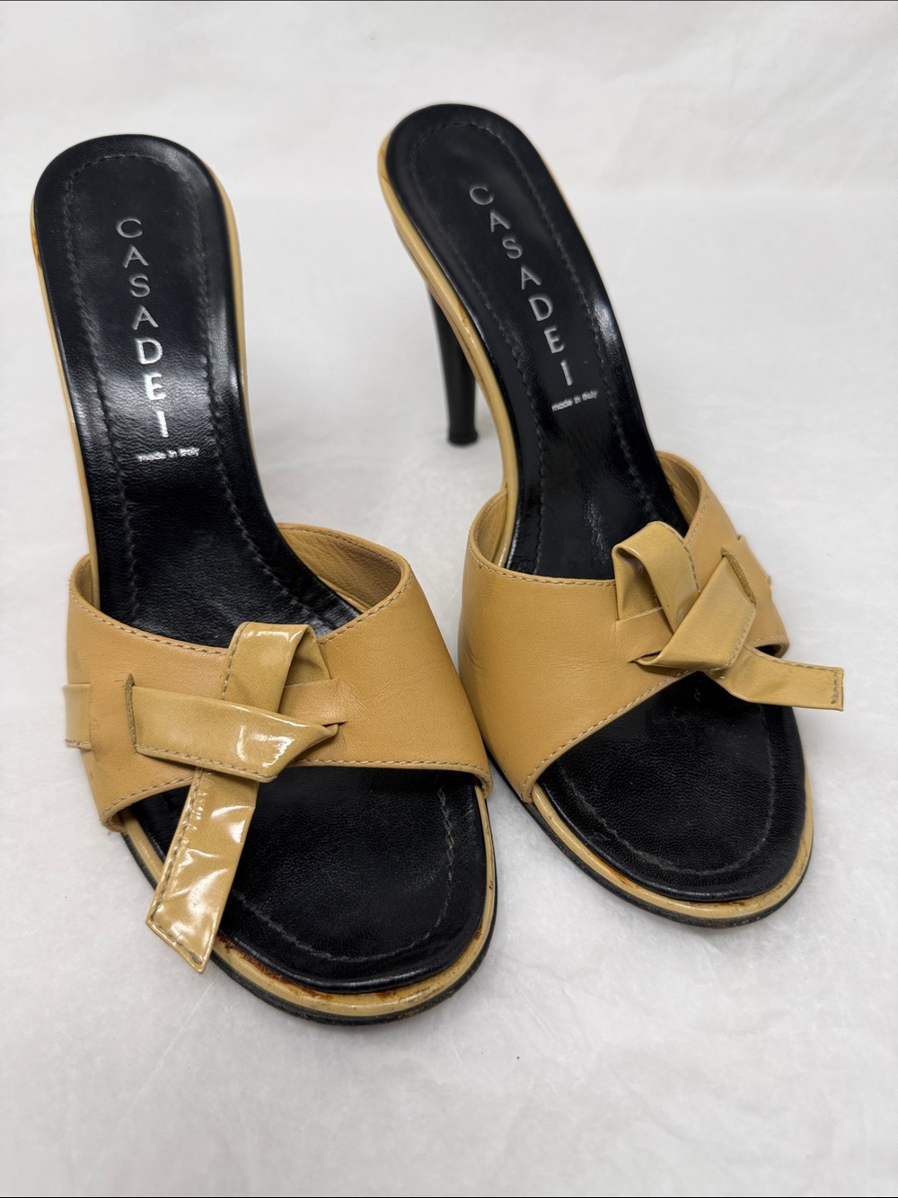 Casadei Tan Leather Knot-Detail Slide Heels Size 7